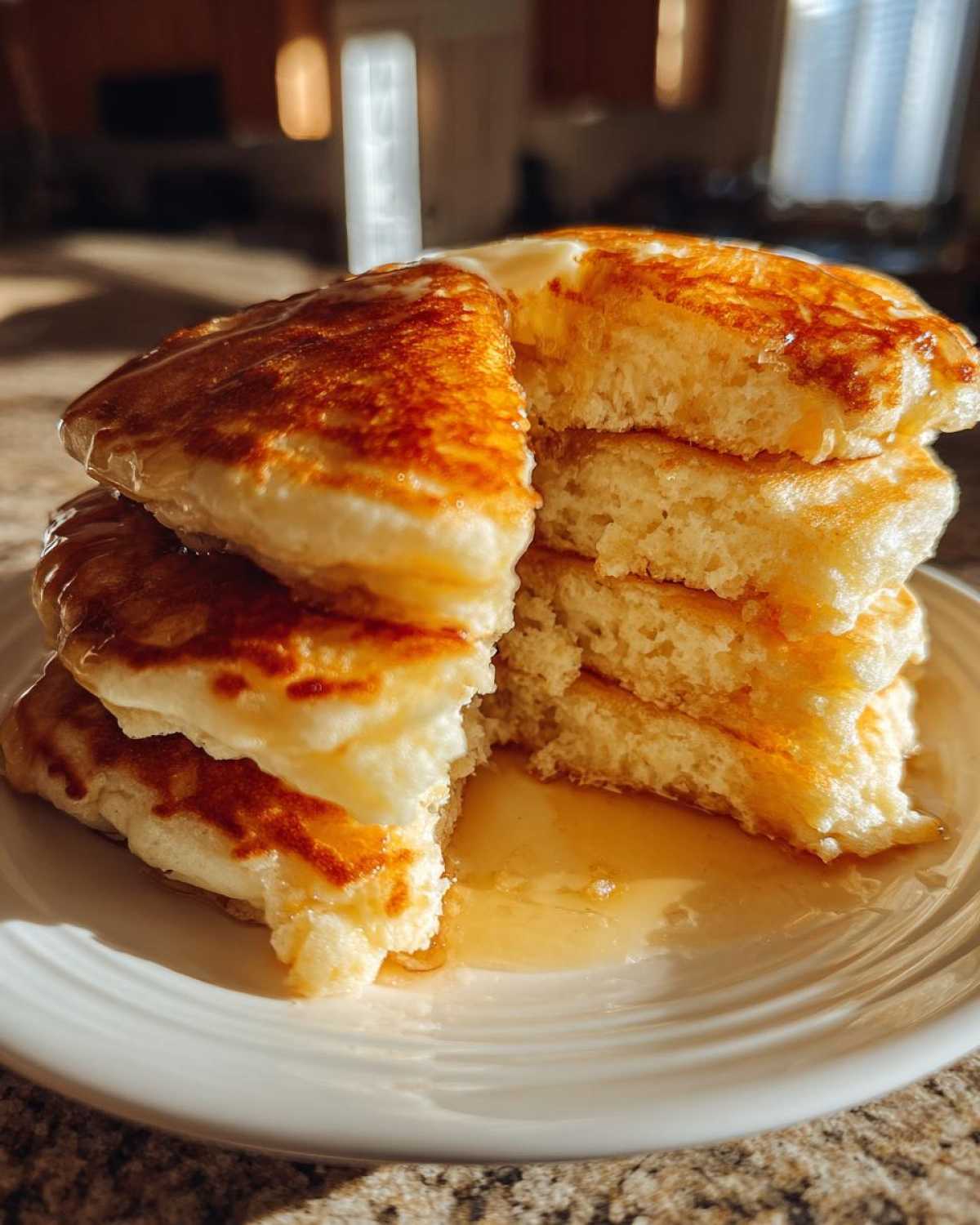 Close-up of a stack of fluffy sourdough pancakes cut open, topped with melting butter and drizzled with syrup.