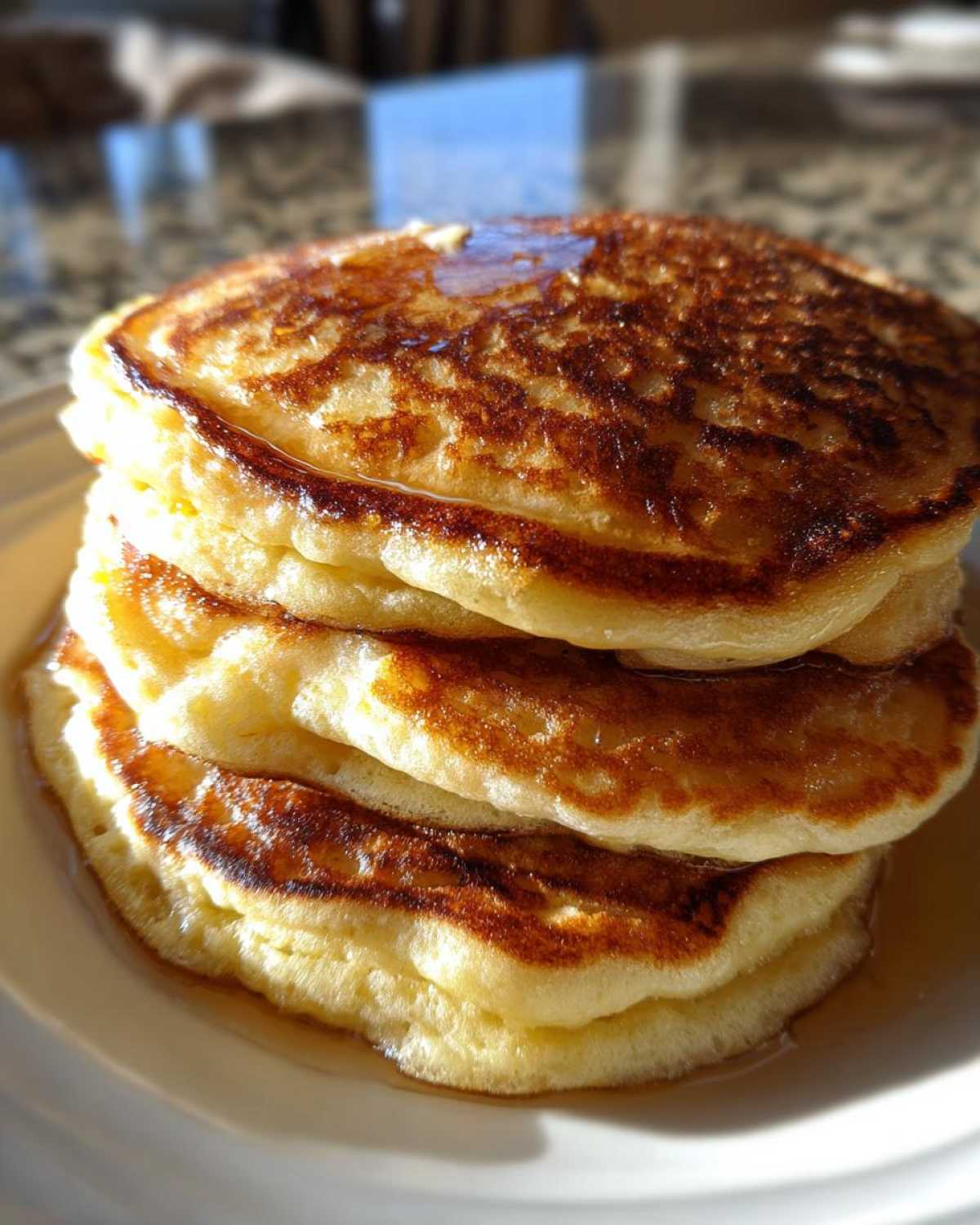 A tall stack of four fluffy sourdough pancakes drizzled with syrup, perfectly golden brown.