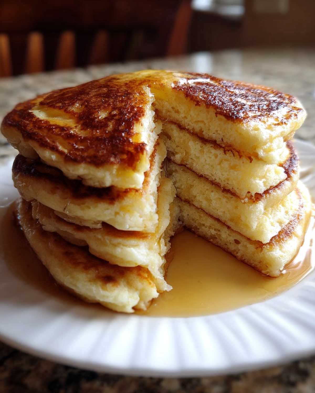 A tall stack of fluffy sourdough pancakes cut open to show the interior, drizzled with golden syrup.