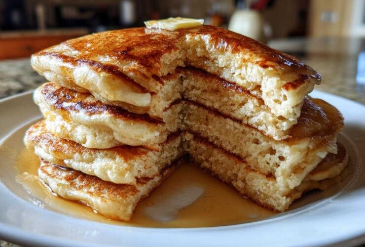 A tall stack of fluffy sourdough pancakes, cut to show the airy interior, topped with melting butter and syrup.