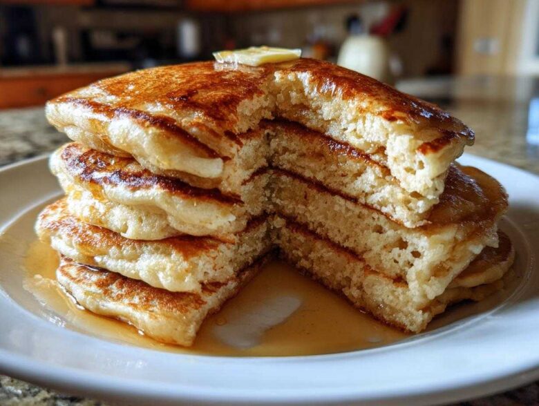 A tall stack of fluffy sourdough pancakes, cut to show the airy interior, topped with melting butter and syrup.