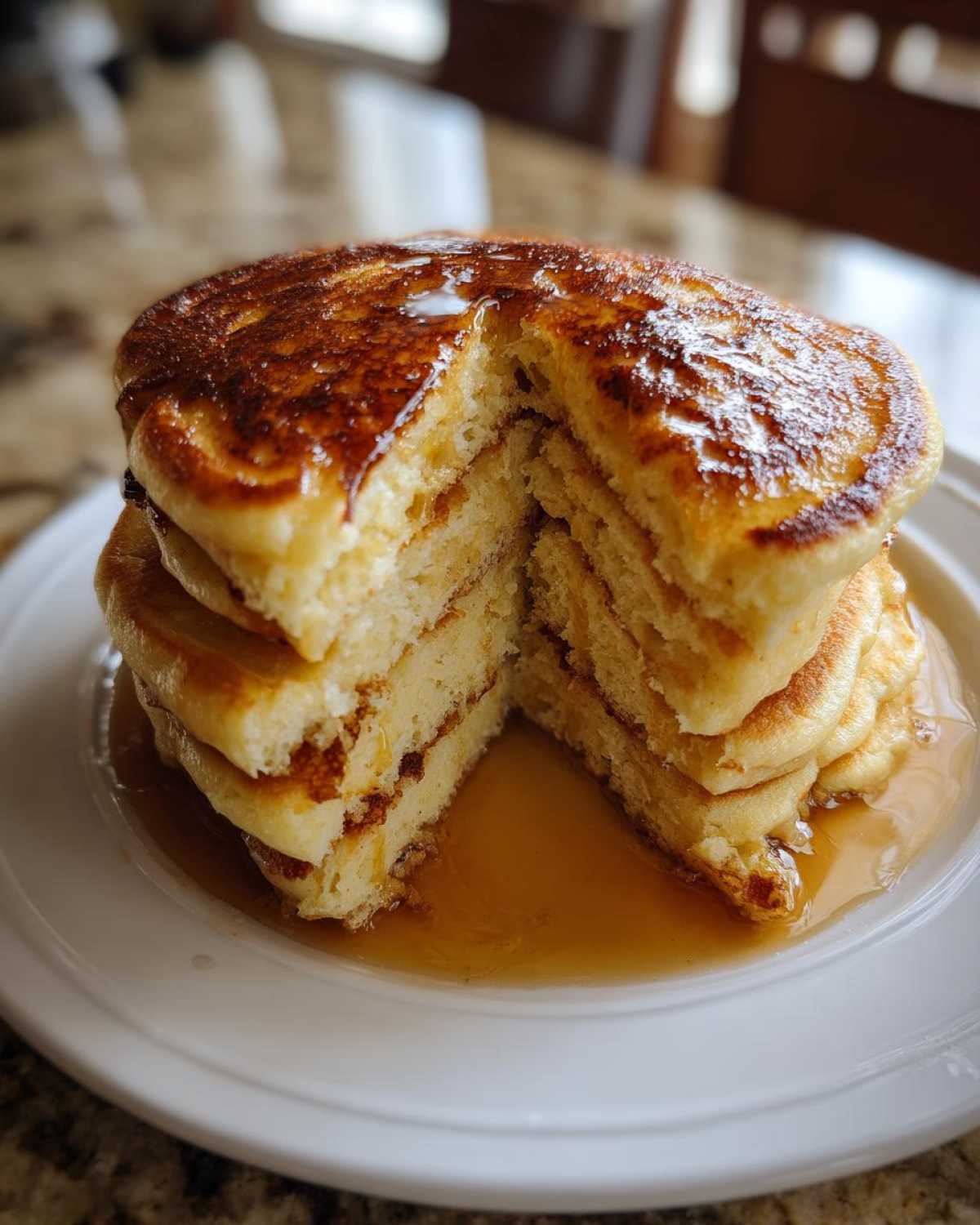 A tall stack of fluffy sourdough pancakes, cut to show the airy interior, drenched in syrup.