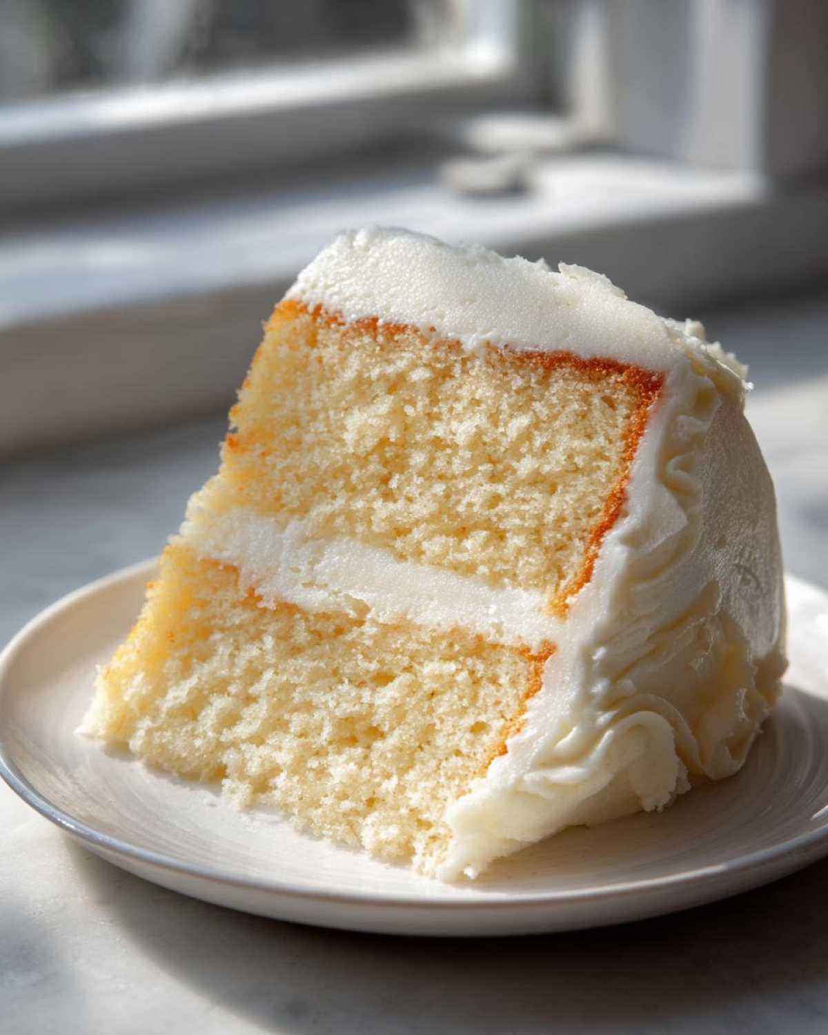 A moist slice of vanilla cake recipe with two layers and thick white buttercream frosting, sitting on a plate.