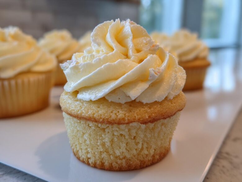 A close-up of one perfectly baked vanilla cupcake topped with a swirl of pale yellow buttercream frosting, with more vanilla cupcakes blurred in the background.