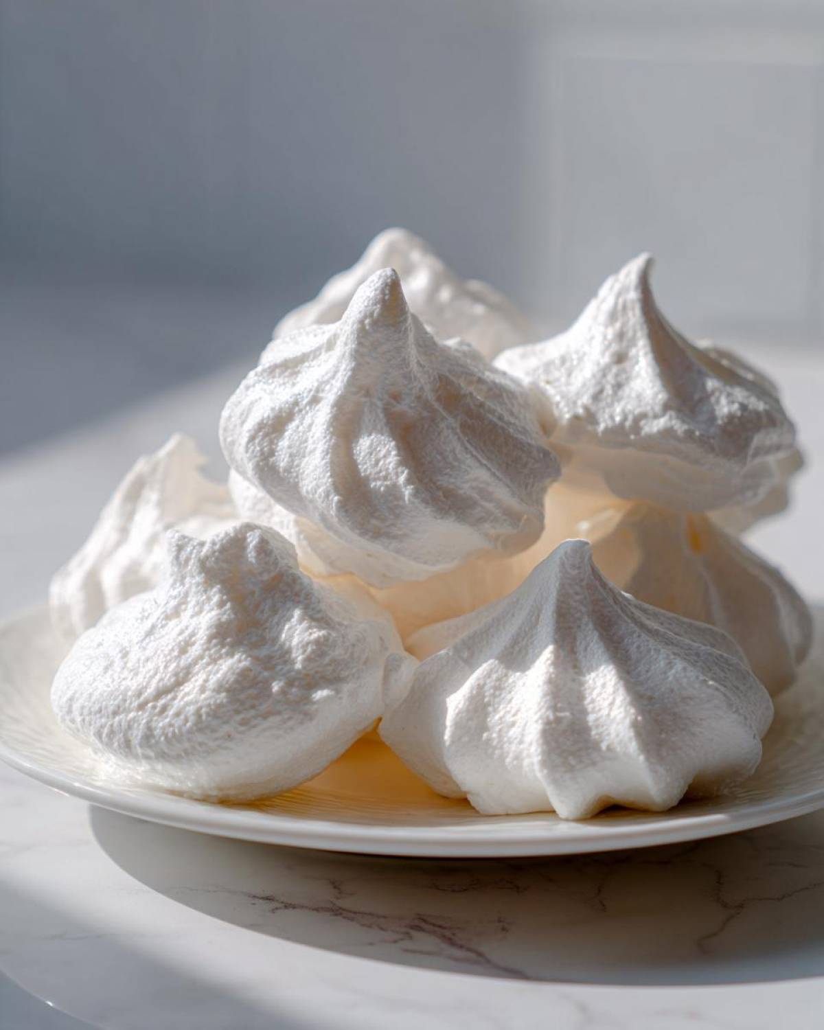 A stack of bright white, perfectly piped meringue cookies resting on a small white plate.