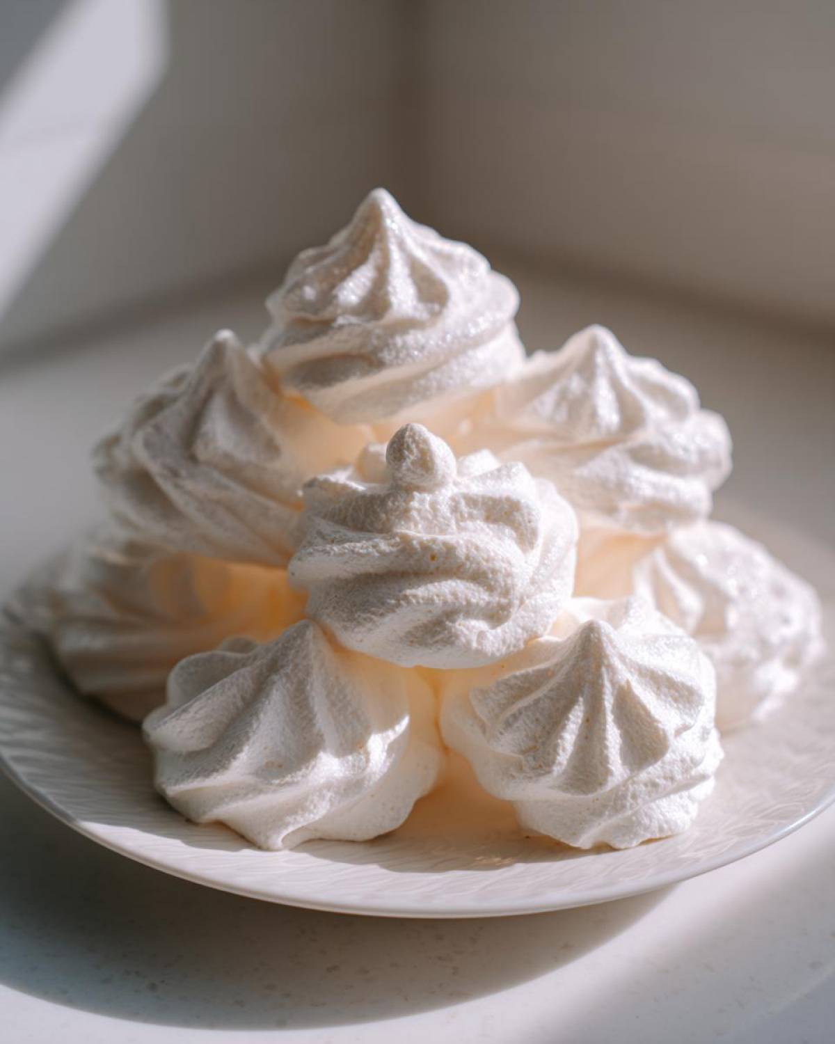 A close-up of several perfectly piped, white meringue cookies stacked on a white plate.