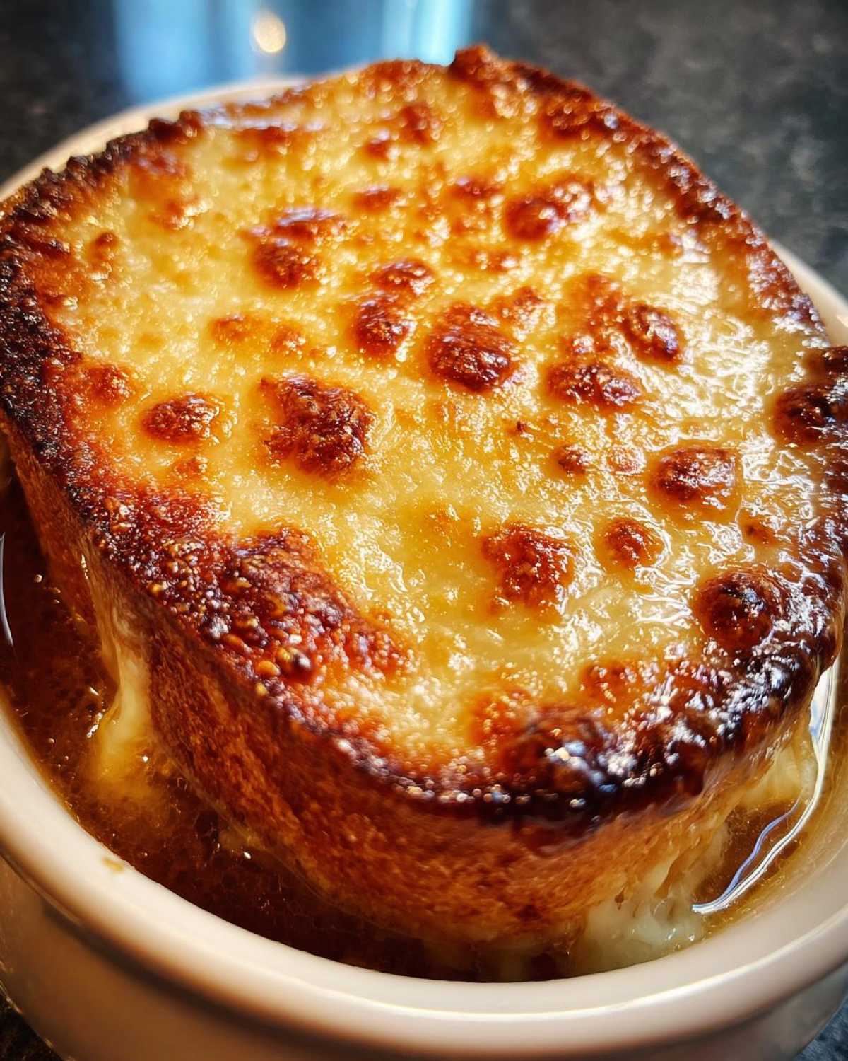 Close-up of a crock of french onion soup recipe topped with thick, bubbly, browned Gruyère cheese.