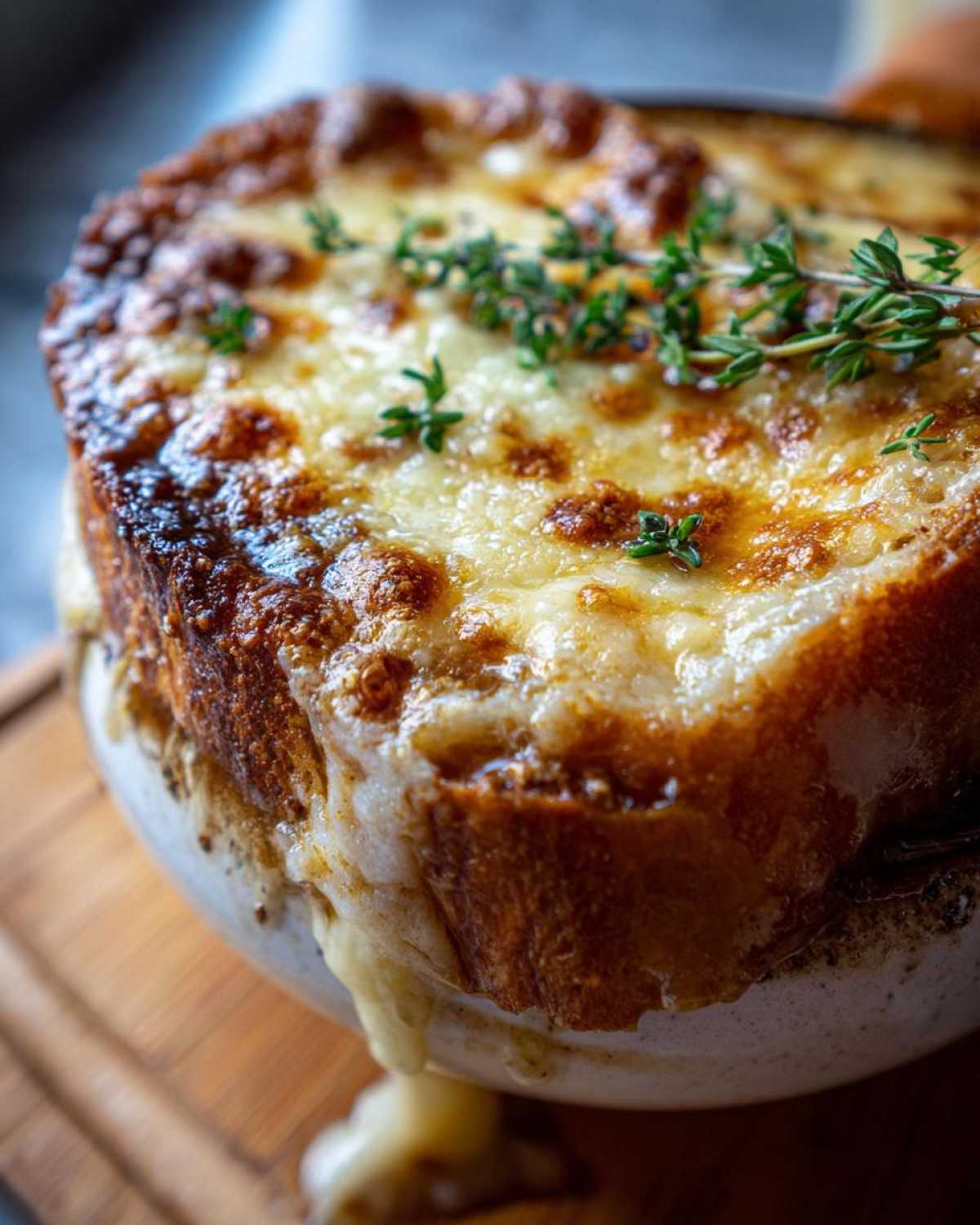 Close-up of a bowl of French onion soup recipe topped with thick, broiled Gruyère cheese and thyme.