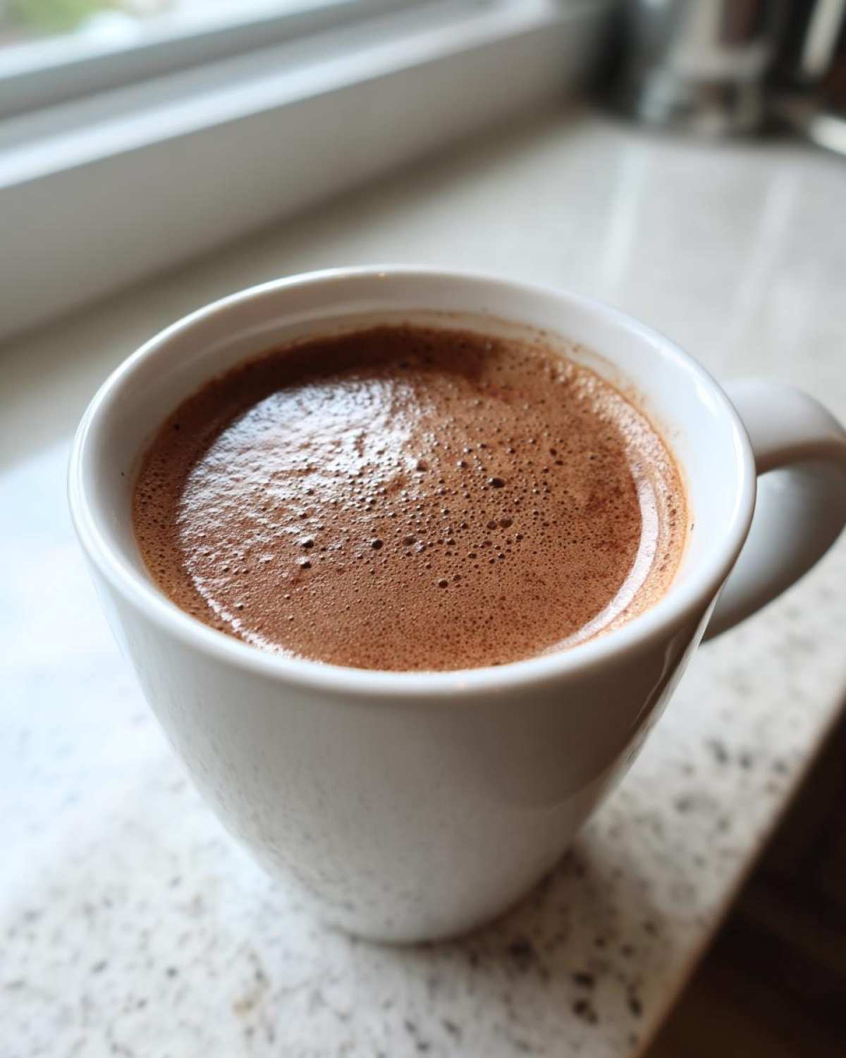 A close-up of a steaming mug of hot cocoa made with homemade hot cocoa mix, resting on a light countertop.