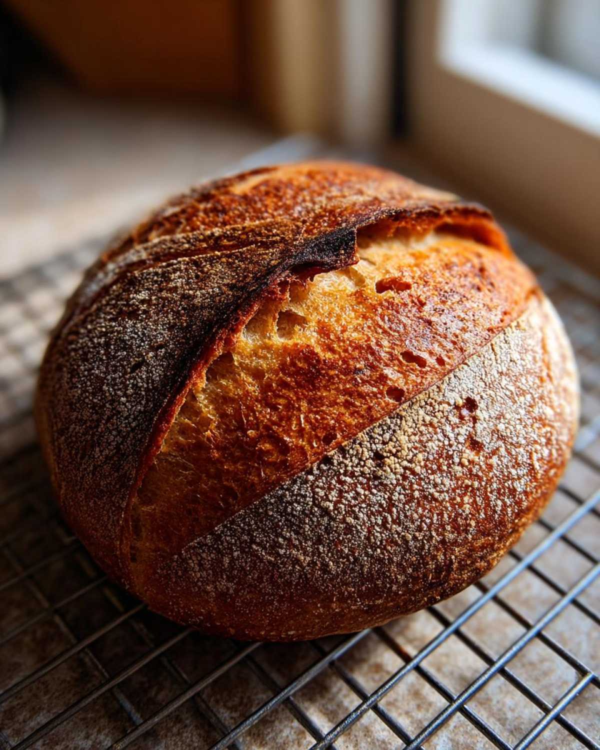 A beautifully scored, crusty, round loaf of Italian bread cooling on a wire rack.