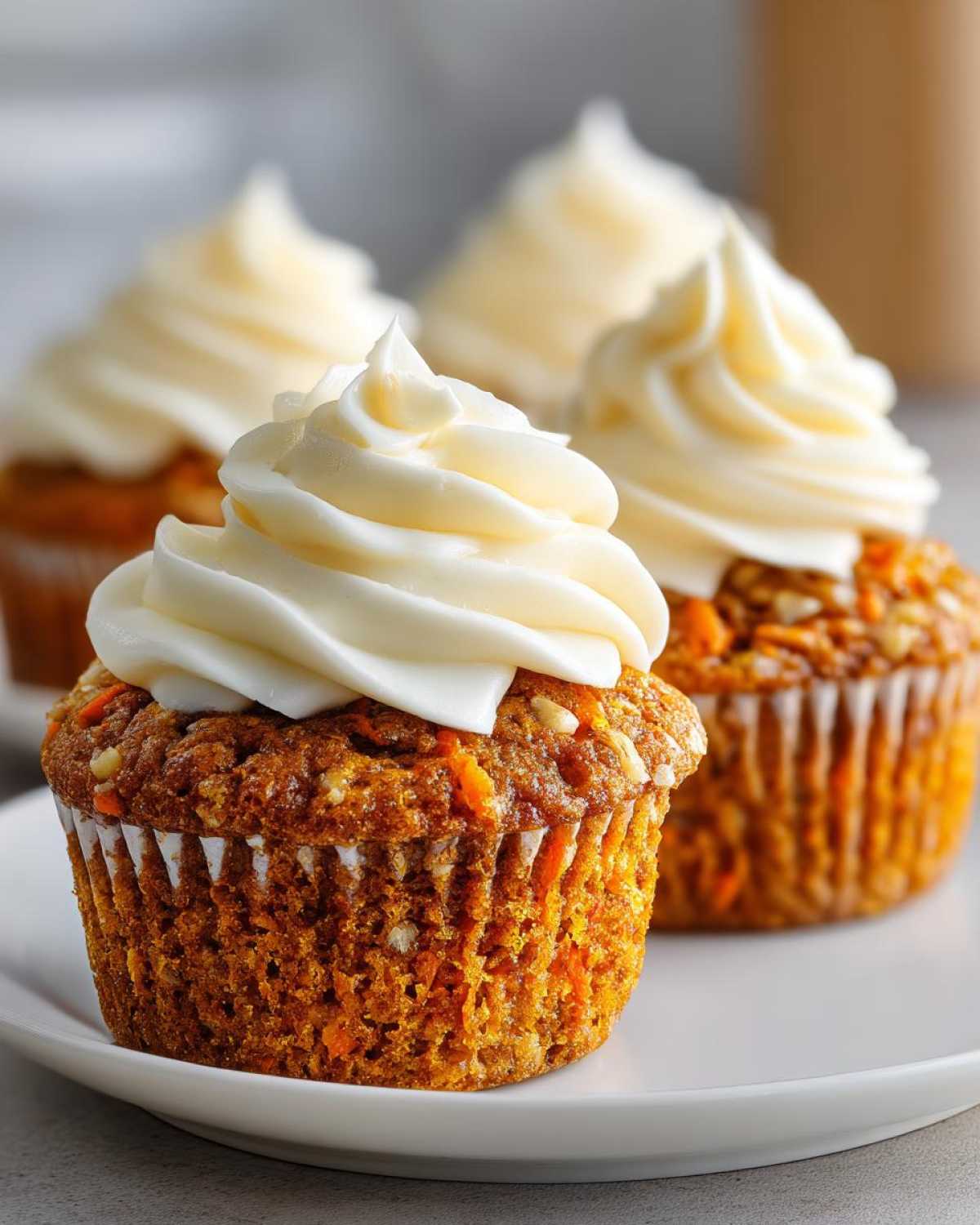 A close-up of a delicious carrot cake muffin topped with thick cream cheese frosting, with more carrot cake muffins blurred in the background.