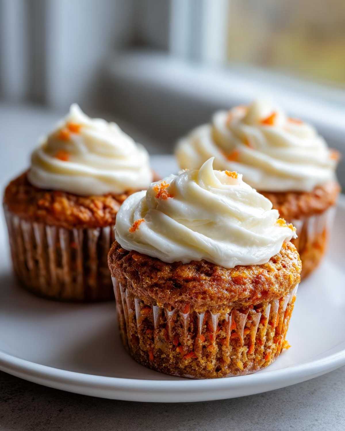 Three delicious carrot cake muffins topped with cream cheese frosting and orange sprinkles.