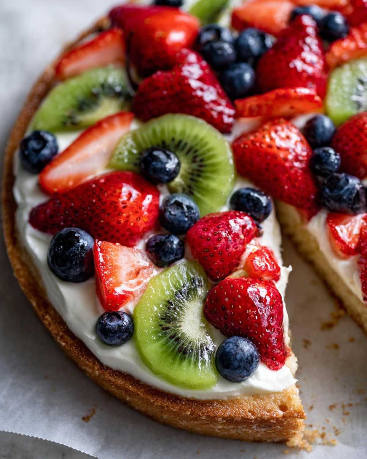A close-up view of a slice of fruit pizza sugar cookie topped with cream cheese frosting, strawberries, kiwi slices, and blueberries.