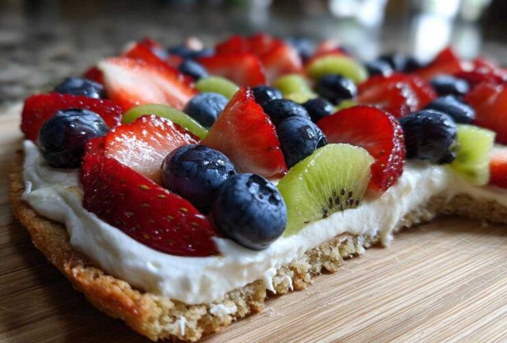Close-up side view of a delicious fruit pizza sugar cookie topped with cream cheese frosting, strawberries, blueberries, and kiwi.