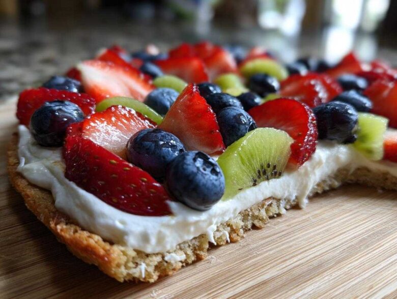 Close-up side view of a delicious fruit pizza sugar cookie topped with cream cheese frosting, strawberries, blueberries, and kiwi.