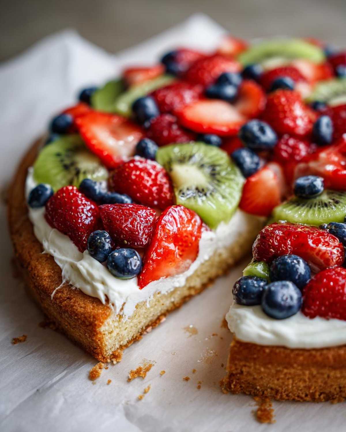 A slice cut from a vibrant fruit pizza sugar cookie topped with cream cheese frosting, strawberries, kiwi, and blueberries.