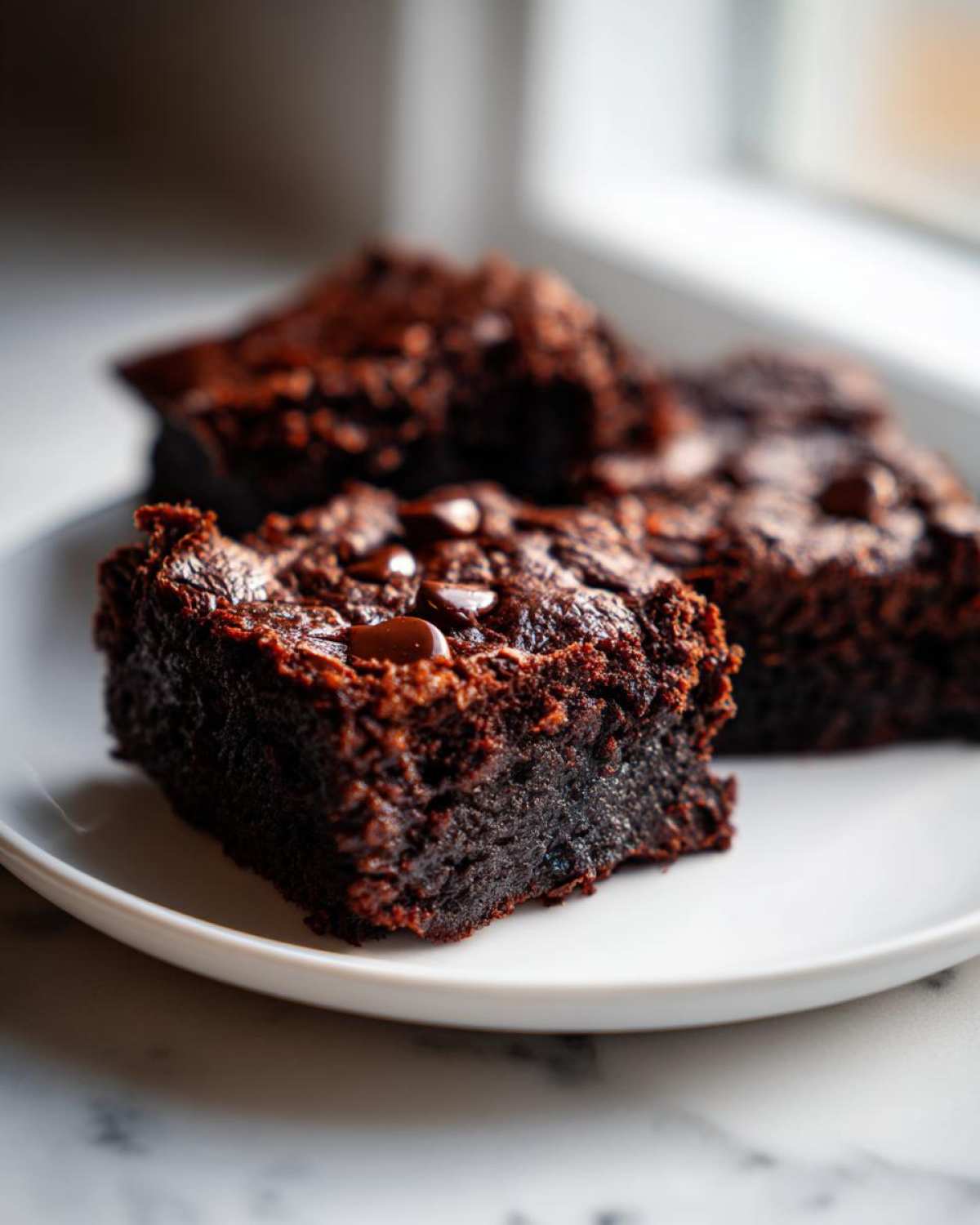 A close-up of fudgy, dark chocolate black bean brownies topped with melted chocolate chips on a white plate.