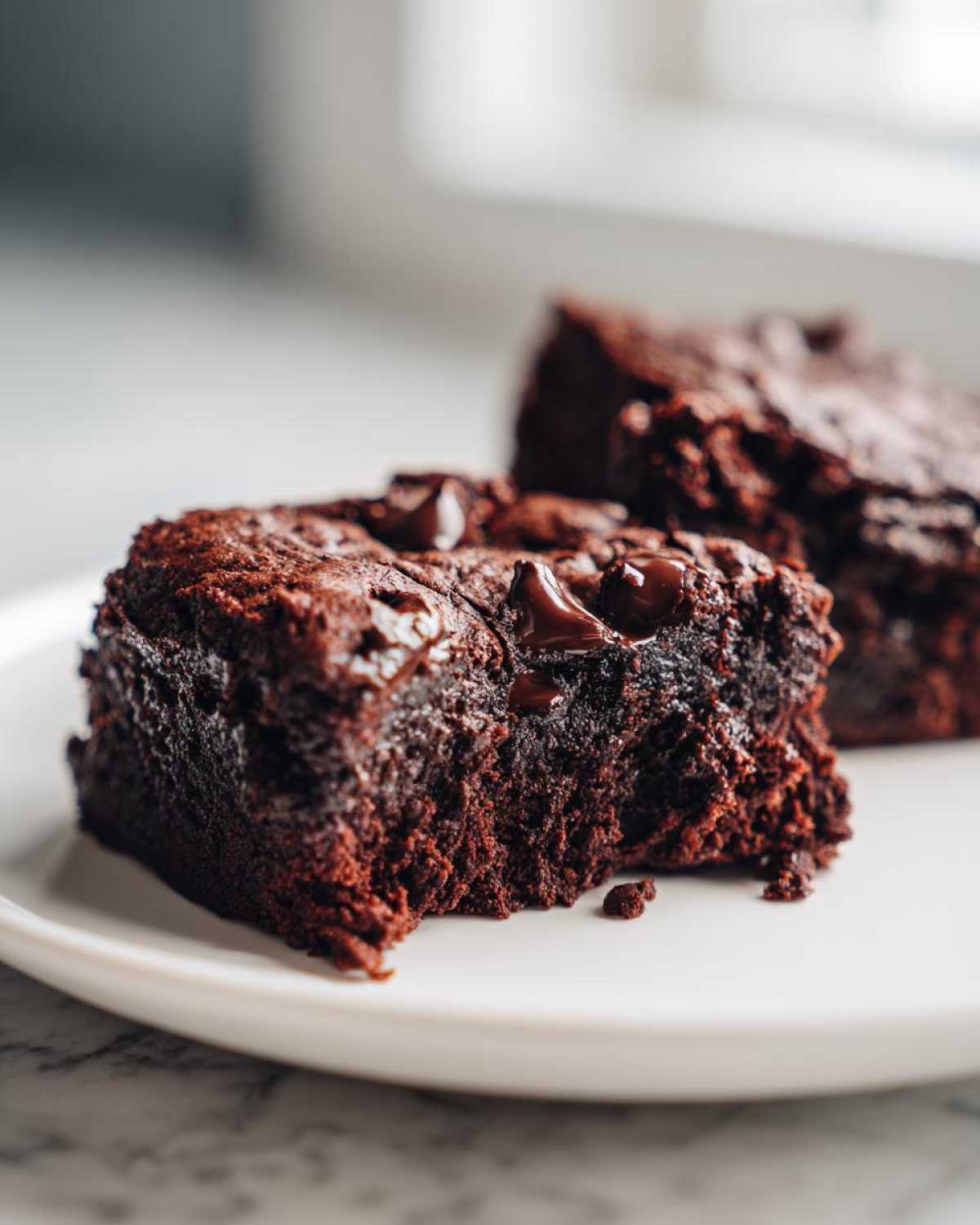 Close-up of a rich, fudgy slice of black bean brownies topped with melted chocolate chips on a white plate.