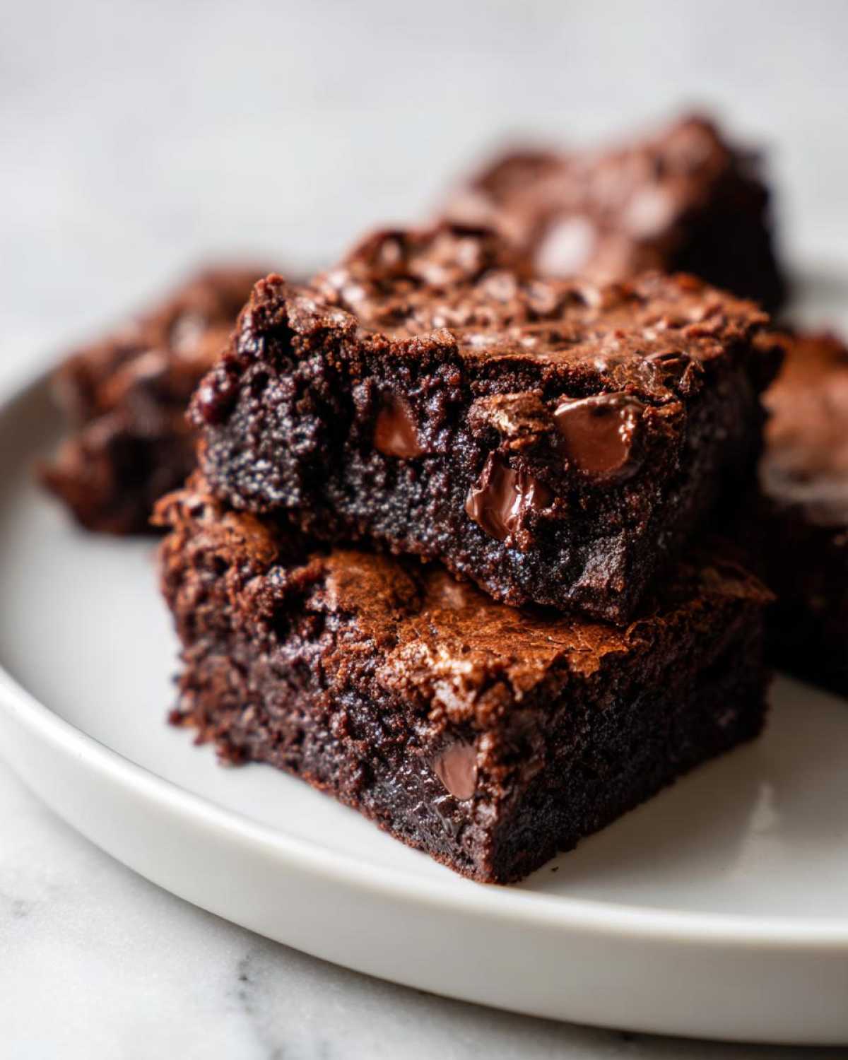 Two fudgy black bean brownies stacked on a white plate, showing melted chocolate chips.
