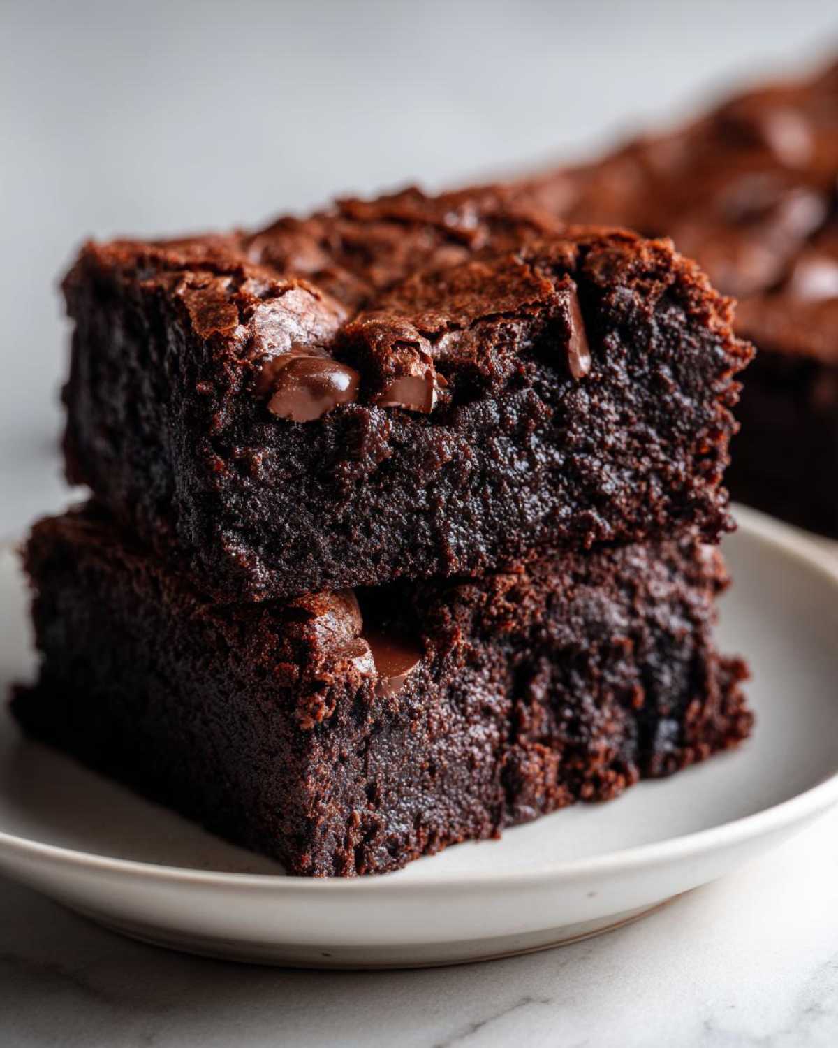 Two stacked, rich, dark chocolate black bean brownies with visible melted chocolate chips on a light plate.