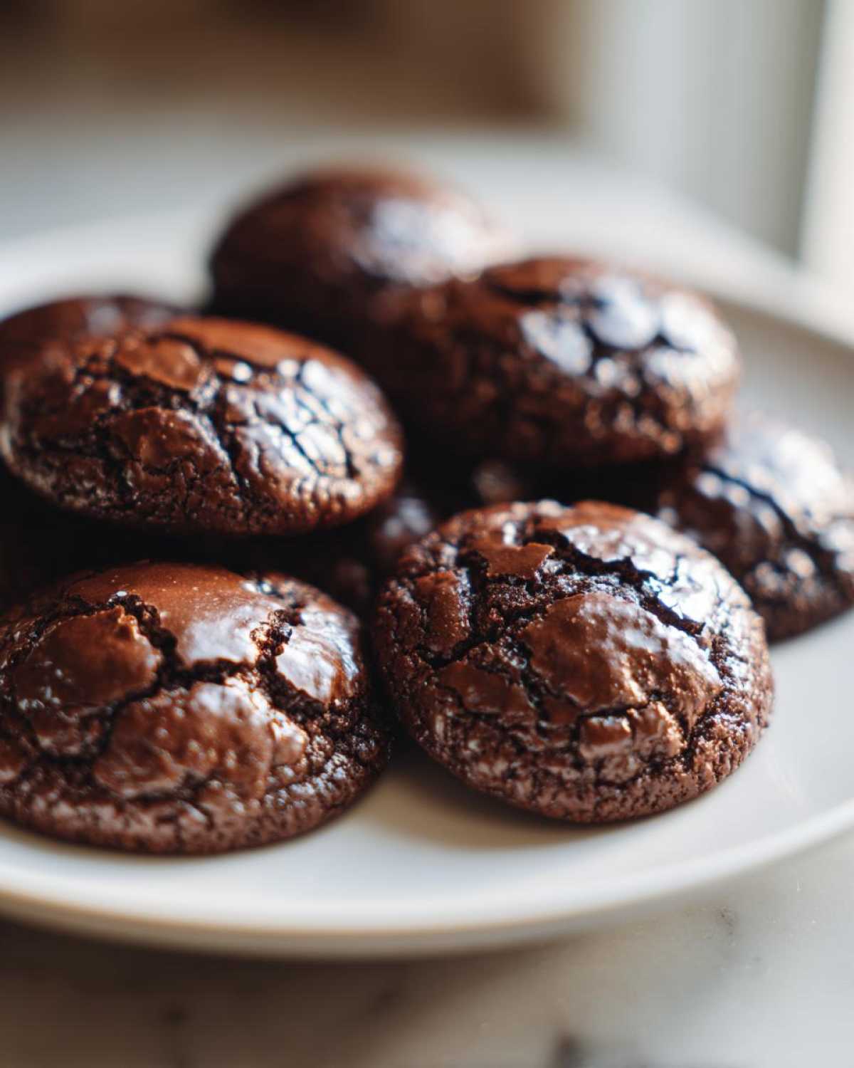 A stack of rich, dark, fudgy brownie cookies with cracked, shiny tops resting on a white plate.