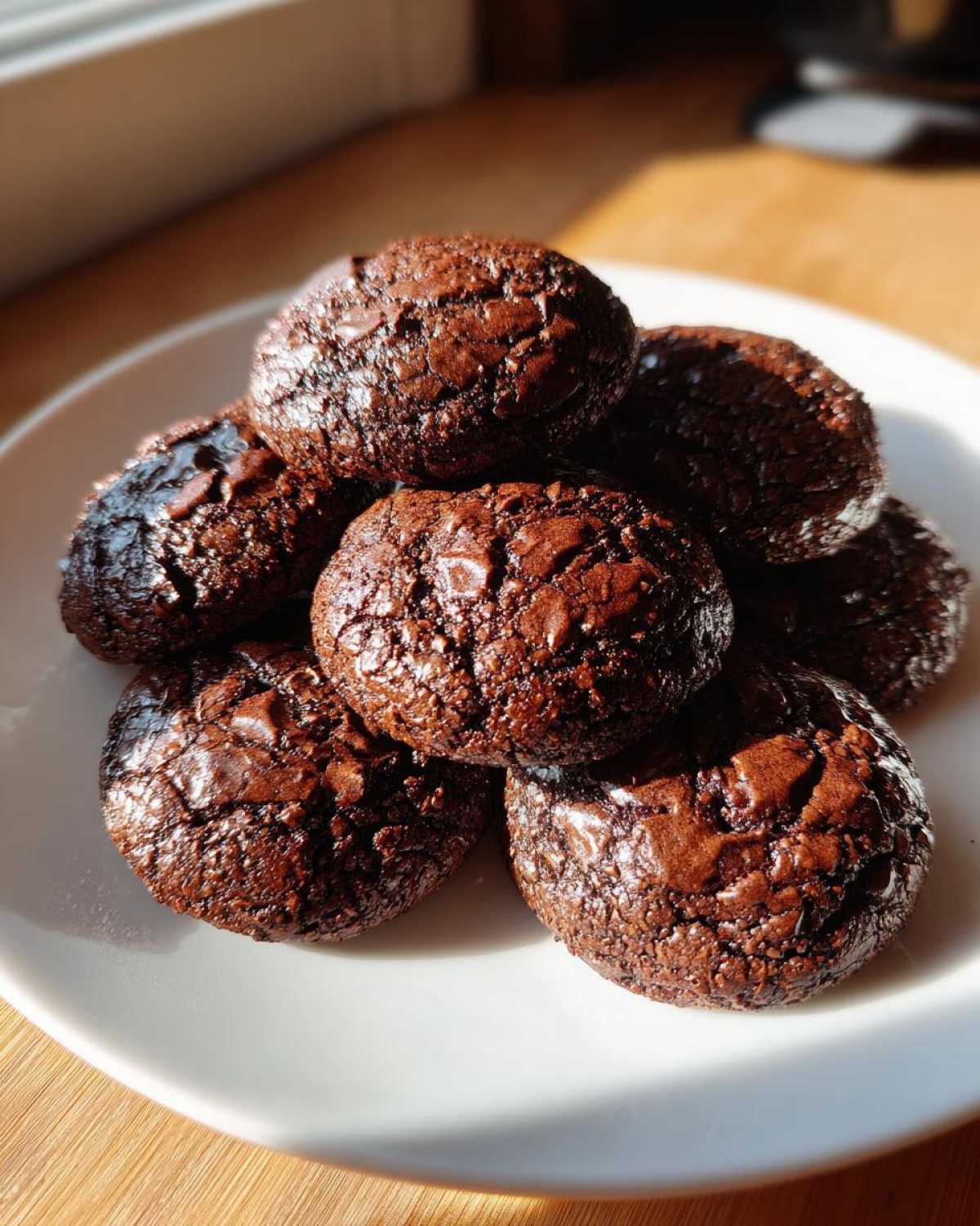 A close-up stack of rich, dark brownie cookies piled on a white plate, showing their signature cracked, fudgy tops.