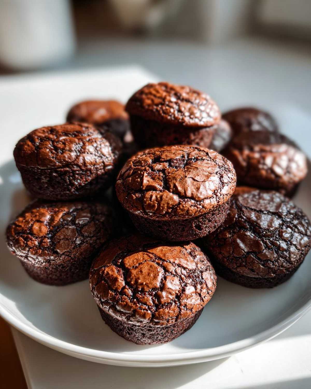 A close-up stack of freshly baked, fudgy brownie cookies showing their signature cracked, shiny tops.