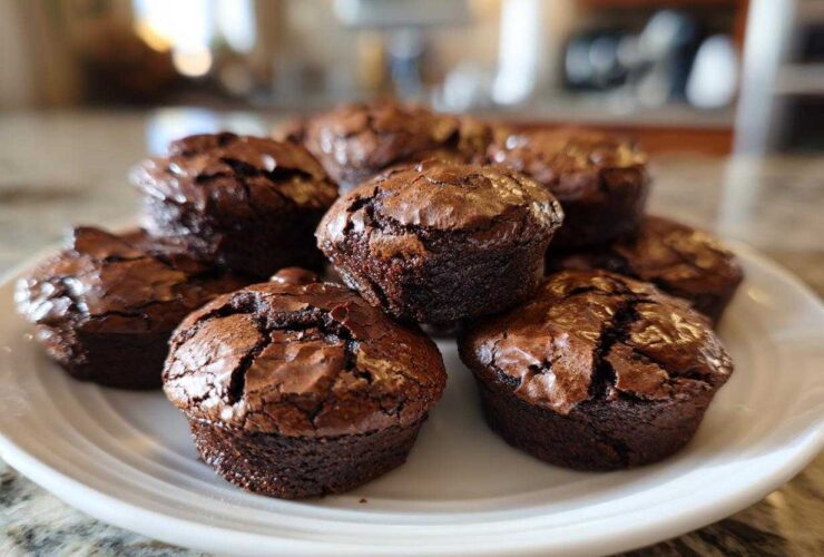 A close-up of several fudgy brownie cookies stacked on a white plate, showing their cracked, shiny tops.