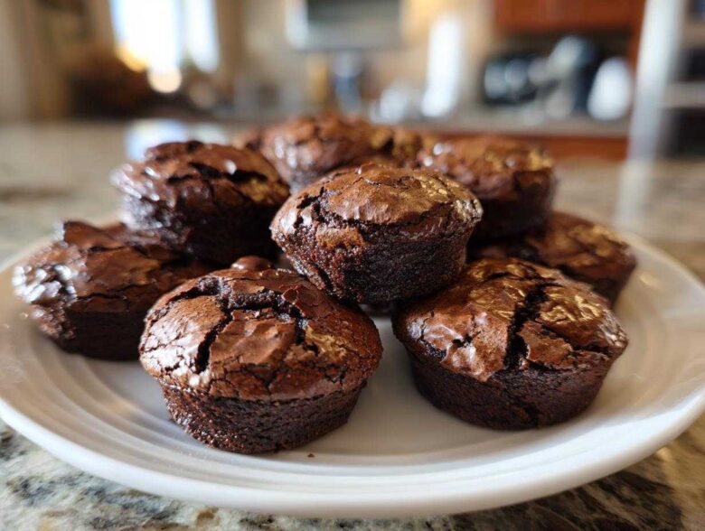 A close-up of several fudgy brownie cookies stacked on a white plate, showing their cracked, shiny tops.