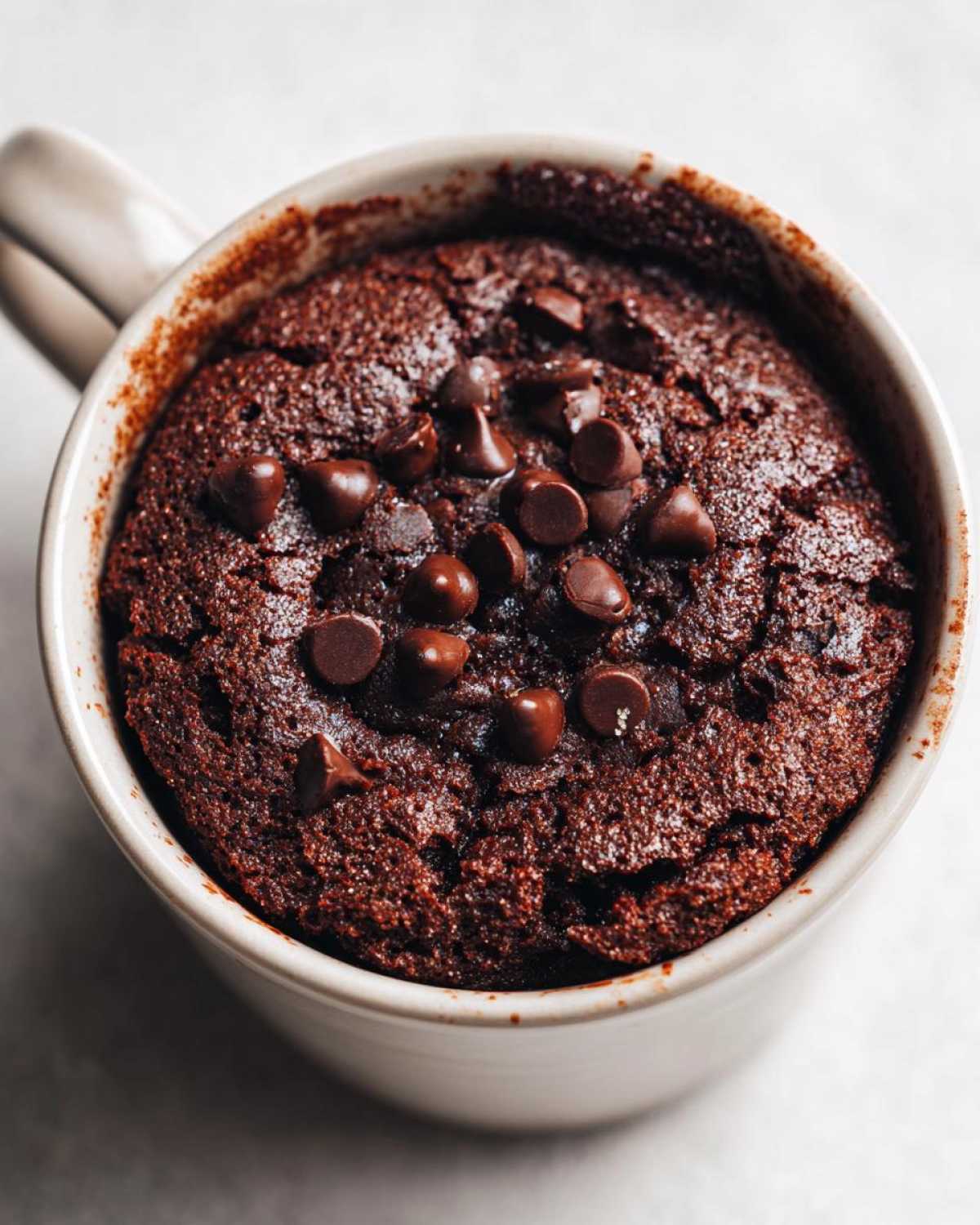 Close-up overhead view of a rich, fudgy chocolate mug cake topped with melted chocolate chips.