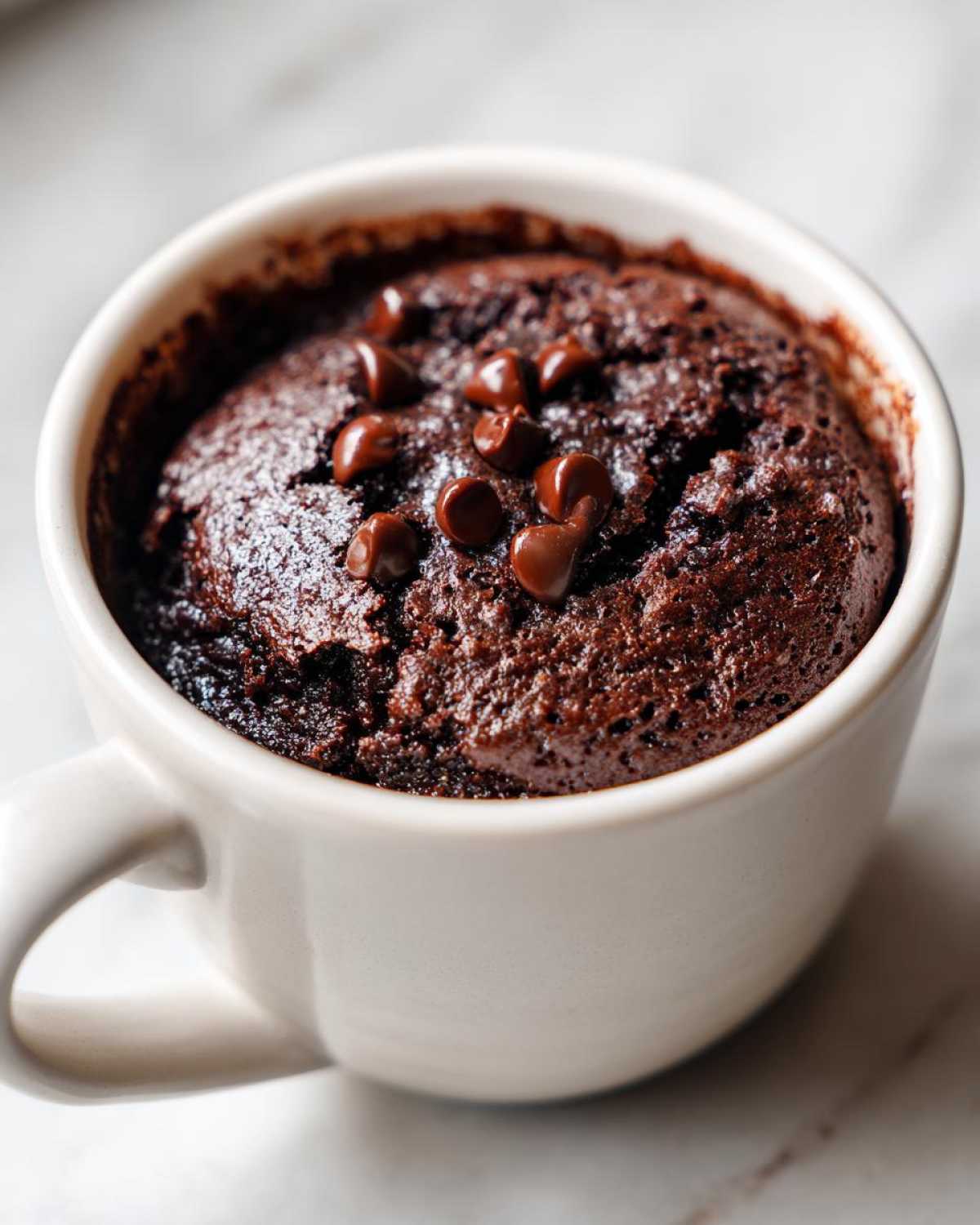 Close-up of a rich, fudgy chocolate mug cake topped with melted chocolate chips.
