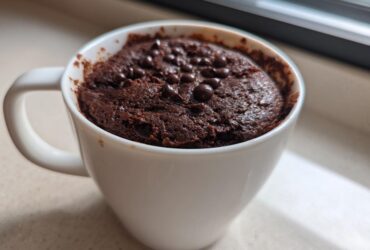 Close-up of a rich, fudgy chocolate mug cake topped with chocolate chips, ready to eat.