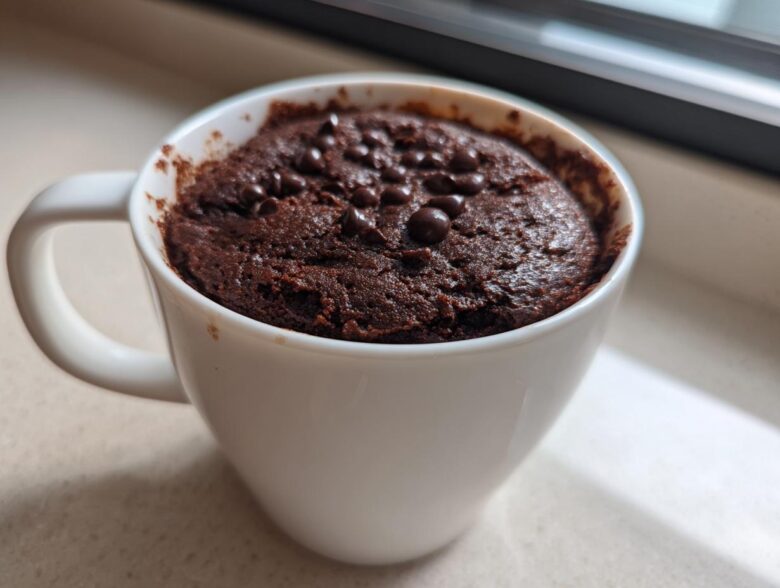 Close-up of a rich, fudgy chocolate mug cake topped with chocolate chips, ready to eat.