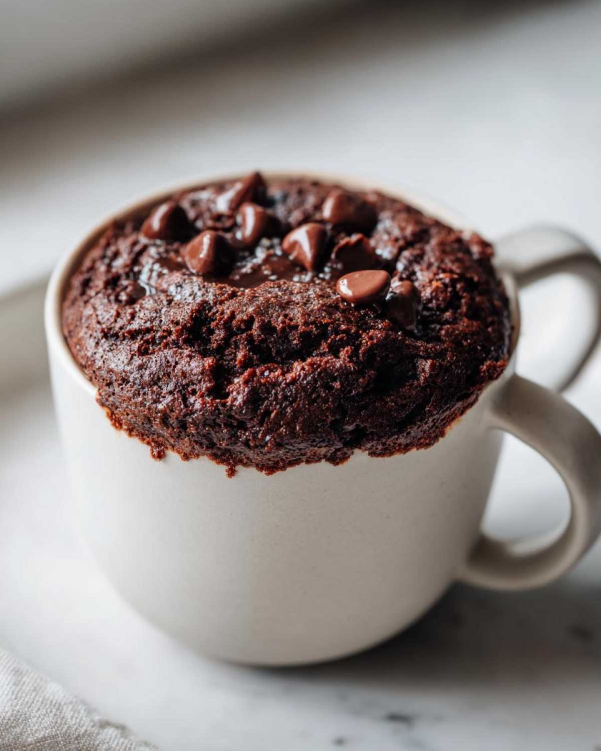 Close-up of a rich, fudgy chocolate mug cake overflowing from a white mug, topped with melted chocolate chips.