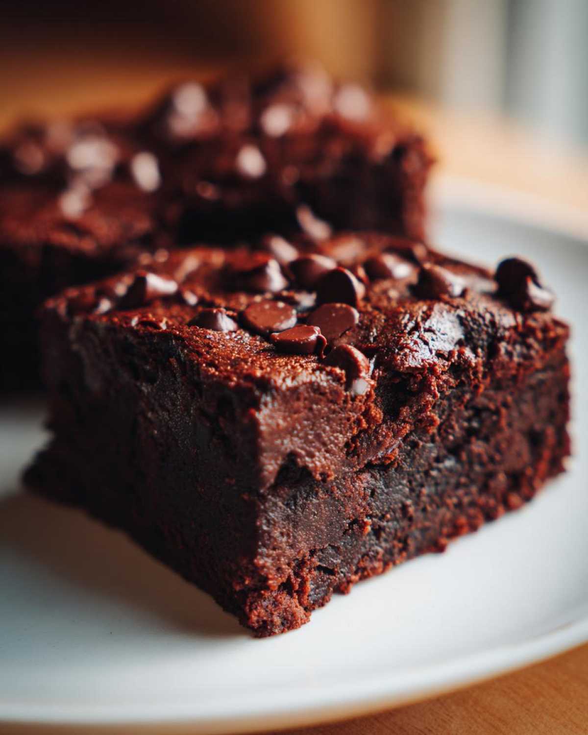 Close-up of a fudgy square of sweet potato brownies topped with melted chocolate chips on a white plate.