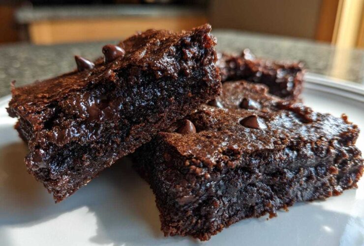 Close-up of fudgy sweet potato brownies stacked on a white plate, featuring melted chocolate chips.