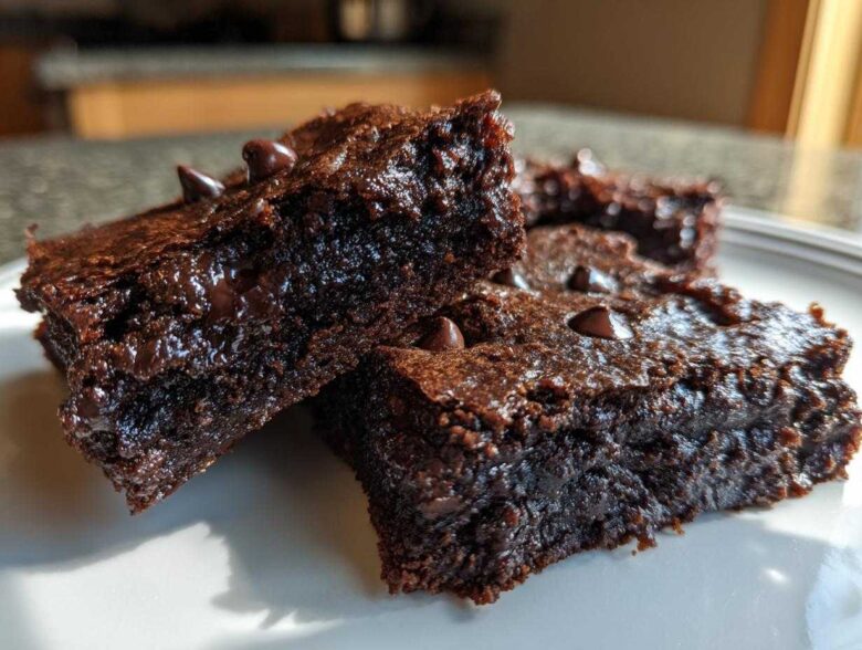 Close-up of fudgy sweet potato brownies stacked on a white plate, featuring melted chocolate chips.