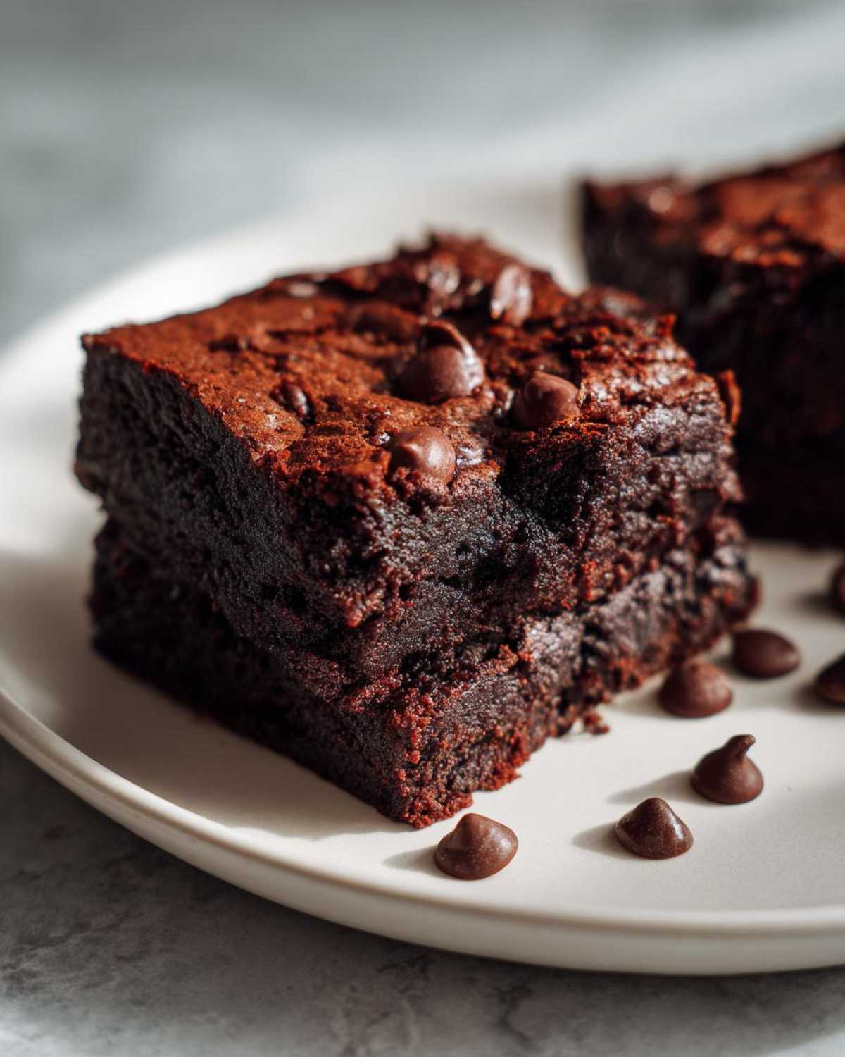 Close-up of a fudgy square of sweet potato brownies topped with chocolate chips on a white plate.