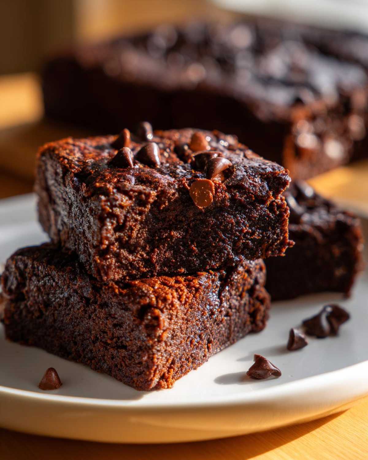 Two fudgy sweet potato brownies stacked on a white plate, topped with chocolate chips.