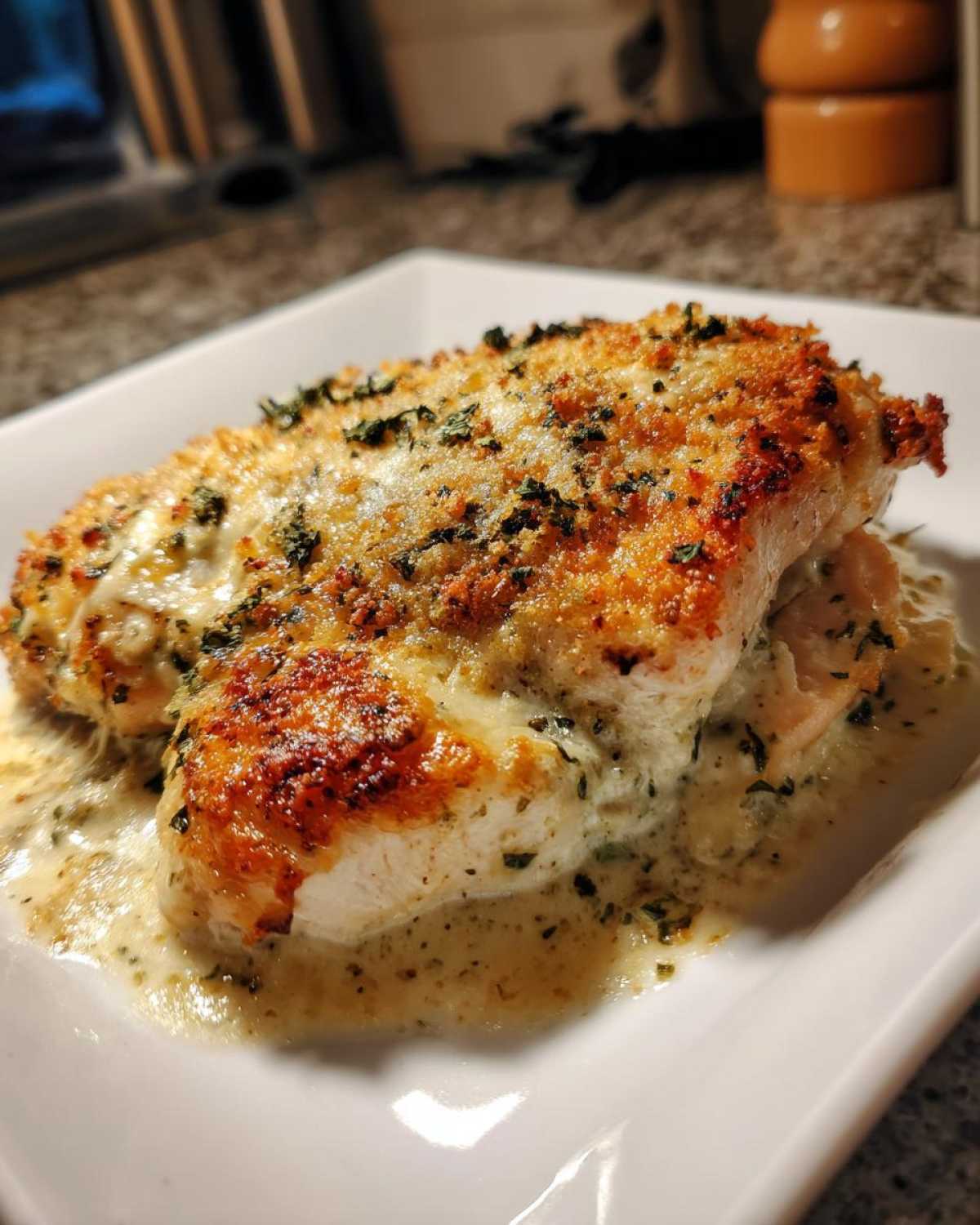 Close-up of a juicy Garlic parmesan chicken bake with a crispy, golden topping and creamy sauce.