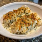 Close-up of creamy Garlic parmesan chicken bake topped with golden breadcrumbs and fresh parsley.