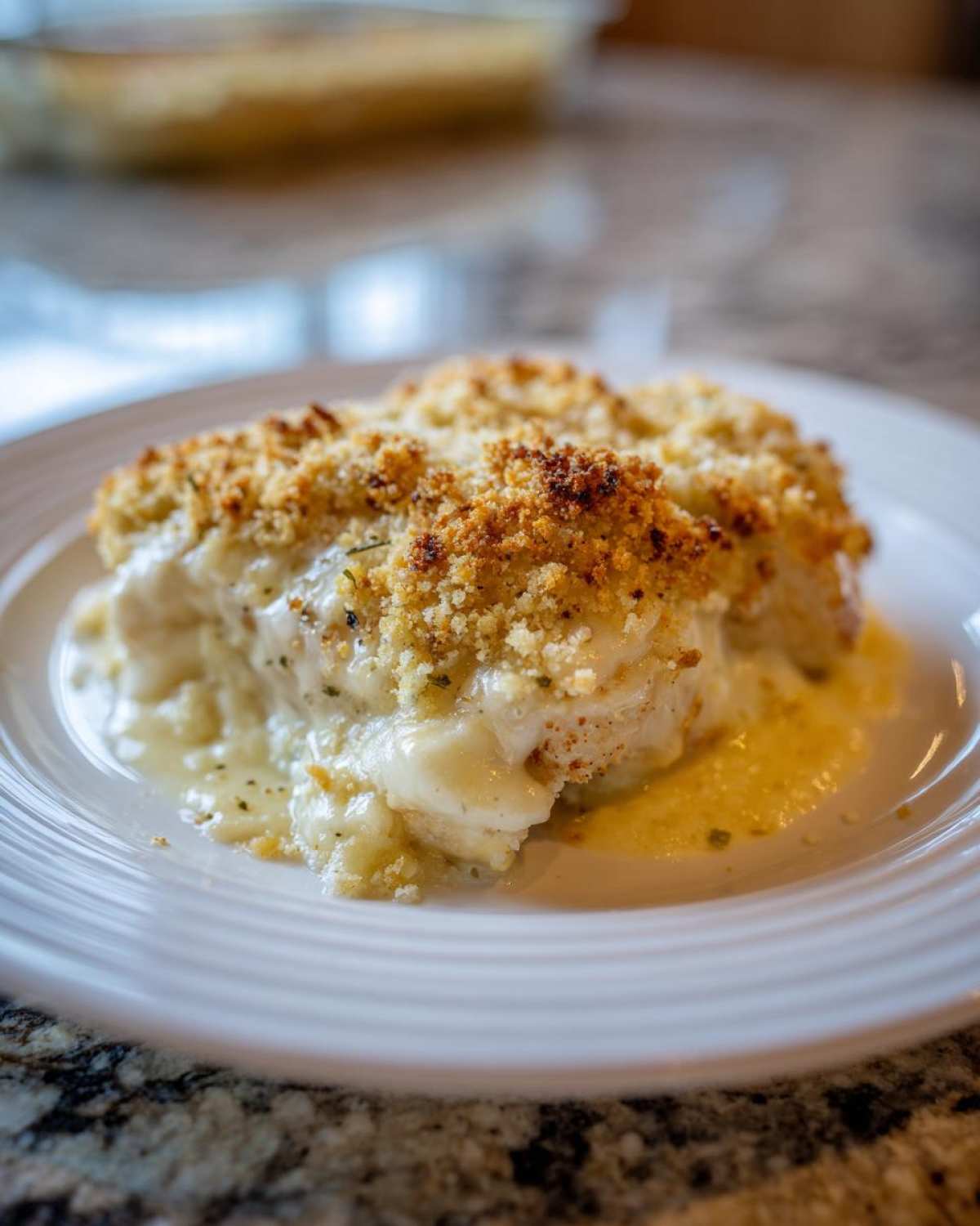 A serving of creamy Garlic Parmesan Chicken Bake topped with a golden, crispy breadcrumb crust on a white plate.