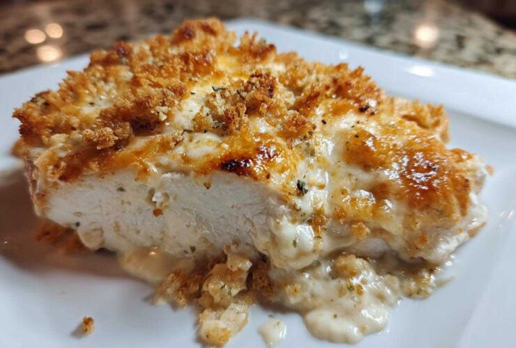 A cross-section slice of juicy Garlic Parmesan Chicken Bake with a golden, cheesy, and crunchy topping.