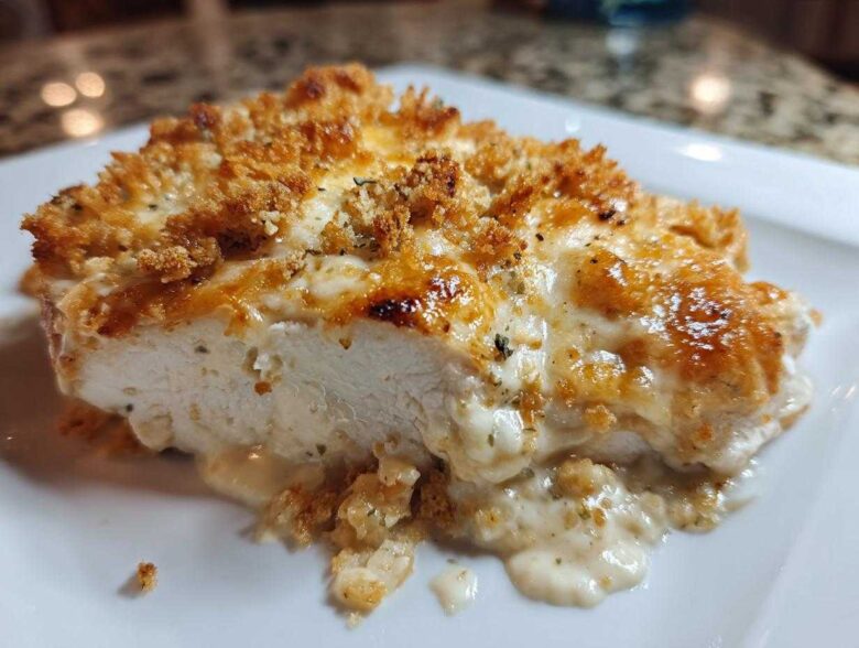 A cross-section slice of juicy Garlic Parmesan Chicken Bake with a golden, cheesy, and crunchy topping.