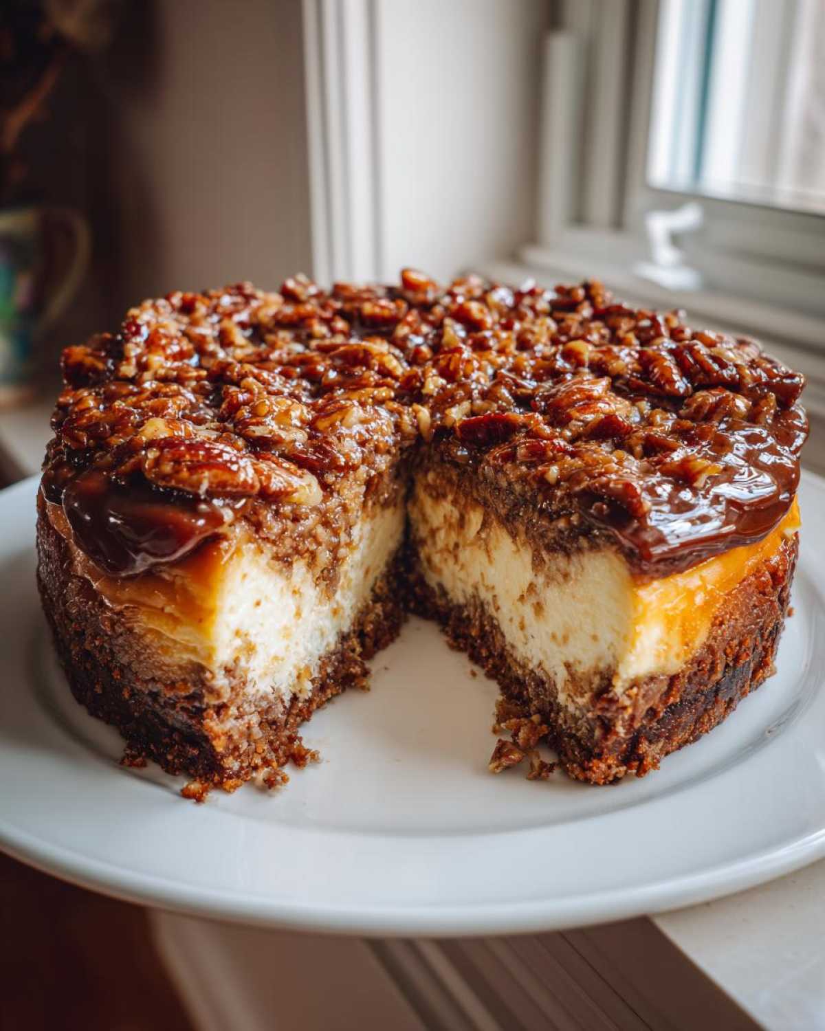 A slice removed from a german chocolate cheesecake showing the creamy filling and rich pecan caramel topping.