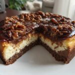 A slice cut from a rich german chocolate cheesecake topped with gooey caramel and toasted pecans.