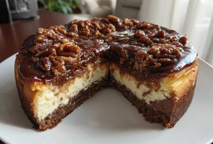A slice cut from a rich german chocolate cheesecake topped with gooey caramel and toasted pecans.