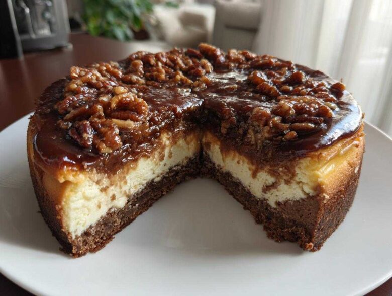 A slice cut from a rich german chocolate cheesecake topped with gooey caramel and toasted pecans.