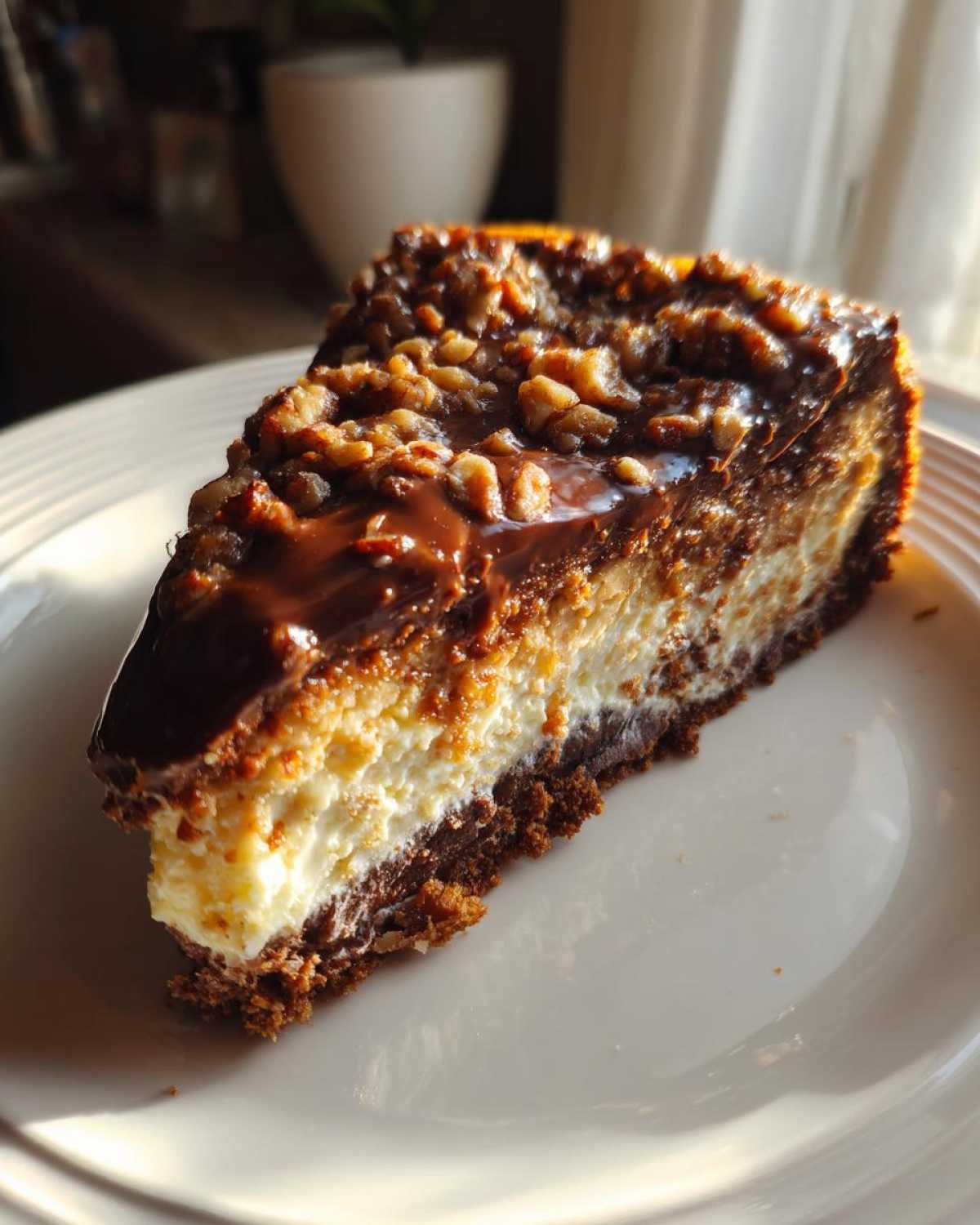 A rich slice of german chocolate cheesecake with a creamy white layer and chocolate pecan topping.