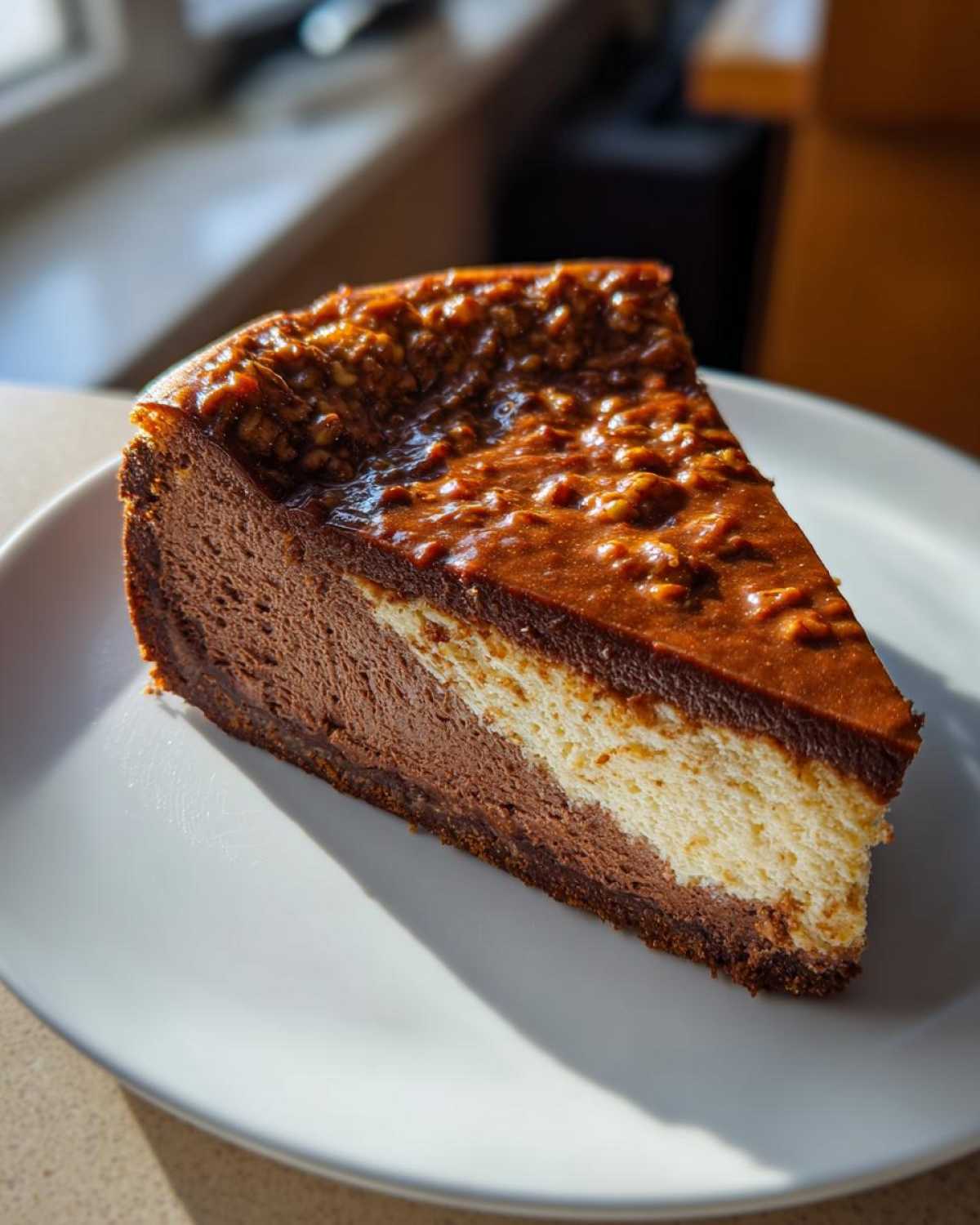 A decadent slice of german chocolate cheesecake with a marbled filling and pecan topping on a white plate.